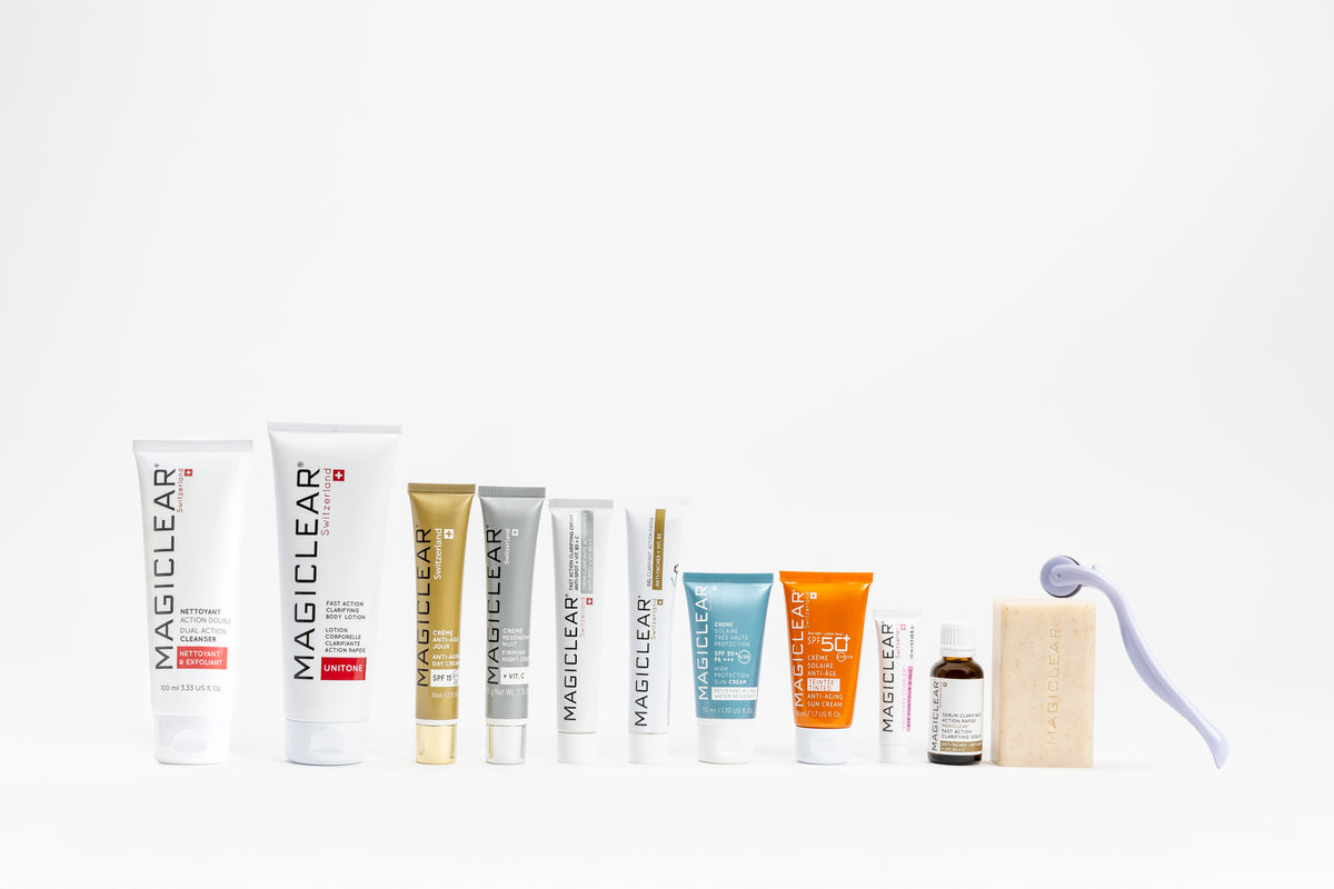 FAQ Magiclear : gamme complète de soins swiss-made anti-taches et anti-âge, nettoyant, sérum, crèmes clarifiantes, crèmes jour et nuit et crèmes solaires SPF 50+