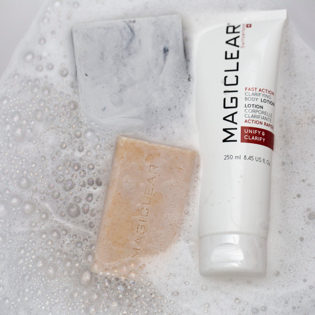 Pack Magiclear savon clarifiant et lotion corporelle clarifiante action rapide, soin corps eclat, disponible sur rivieracosmedics.com